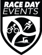 Race Day Events Logo with the words 'Race Day Events' and drawings of a person biking, running, and swimming below it.